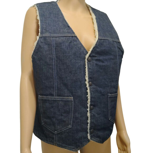 1960s Blue Denim Western Sherpa Vest Seams Brass Snaps Closure Pockets Size Med - Picture 1 of 9
